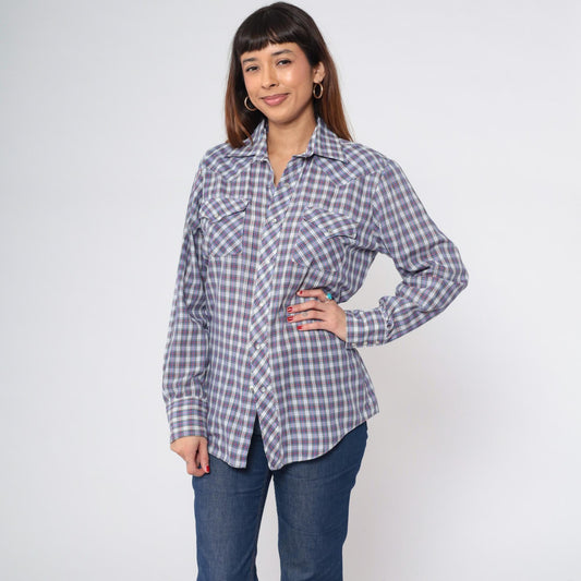 70s Sears Western Wear Plaid Pearl Snap Shirt Blue Red Checkered Men's Medium