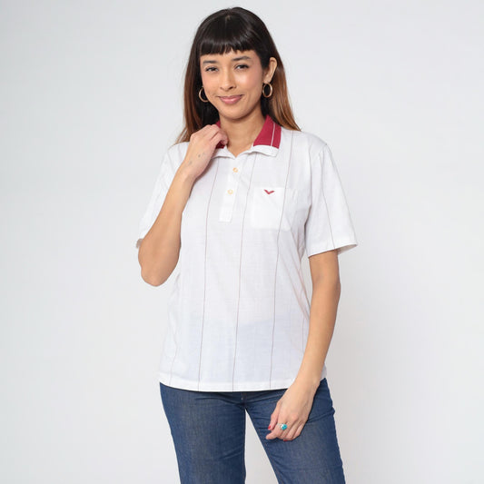 80s White Burgundy Striped Polo Shirt Embroidered Crest Quarter Button Medium