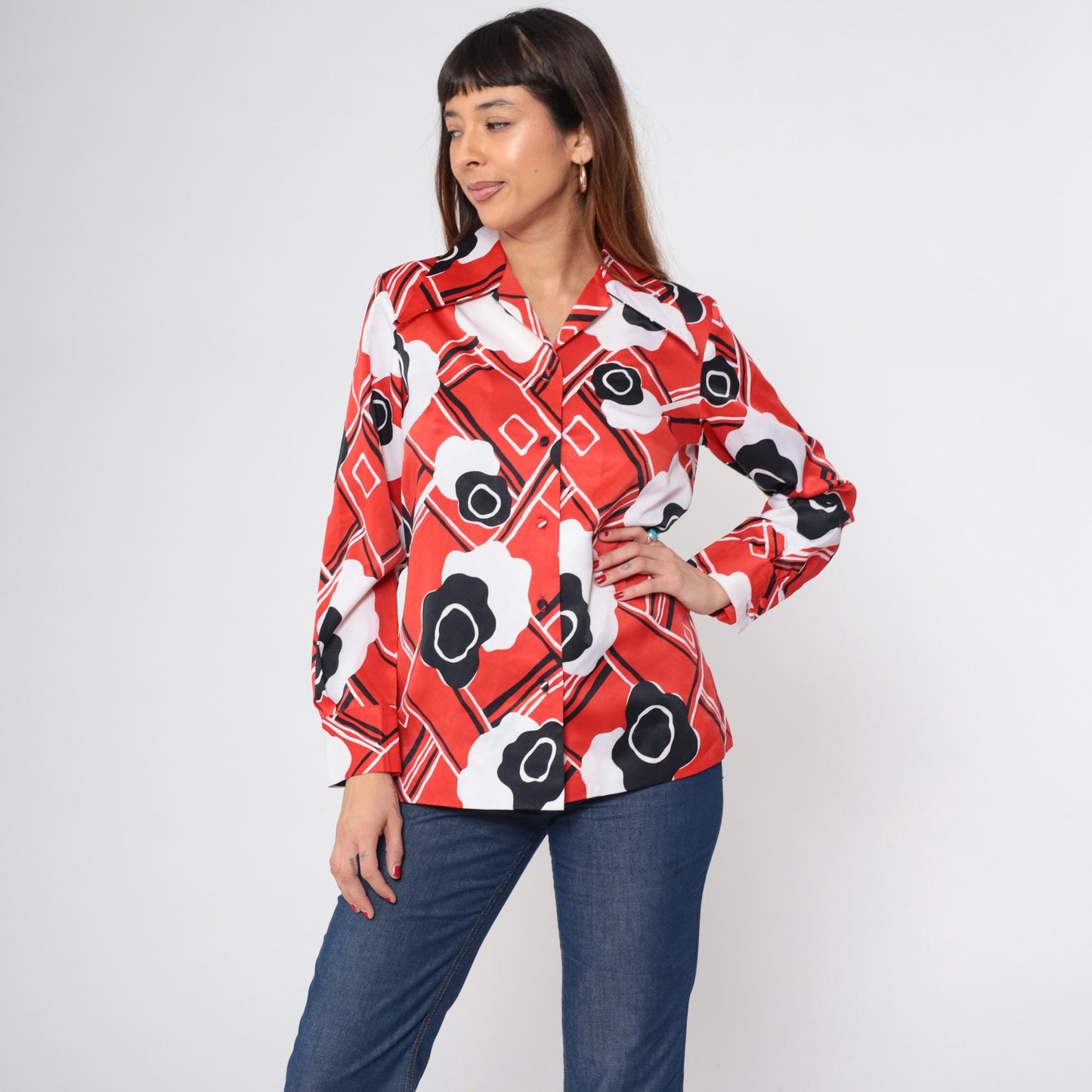 70s Print Bazaar Red Checkered Floral Button-Up Blouse Dagger Collar Medium