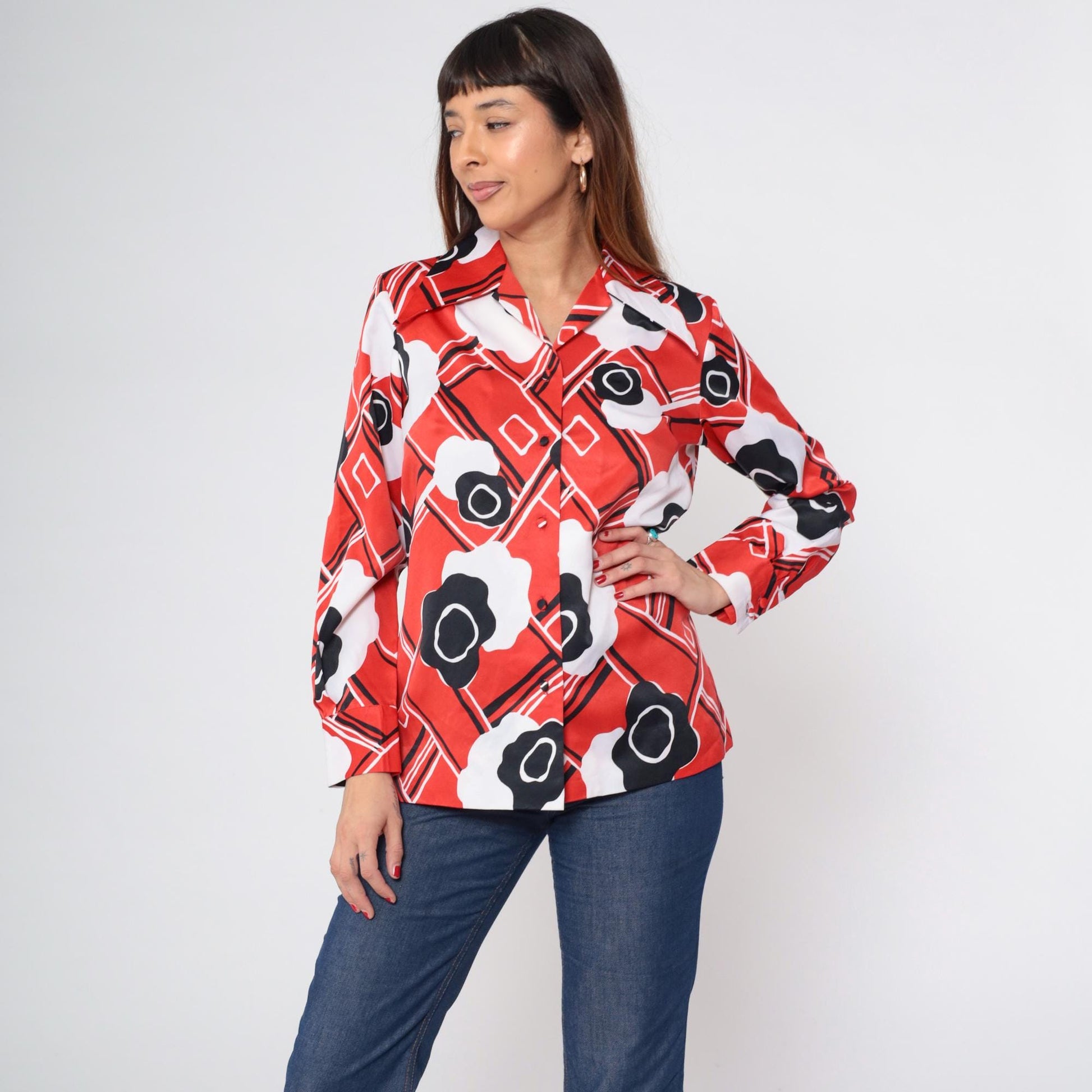 70s Print Bazaar Red Checkered Floral Button-Up Blouse Dagger Collar Medium