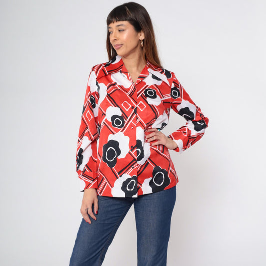 70s Print Bazaar Red Checkered Floral Button-Up Blouse Dagger Collar Medium