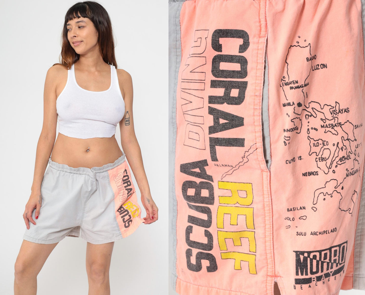 90s Morro Bay Swim Trunks Scuba Diving Philippines Map Coral Grey Cotton Extra Large XL