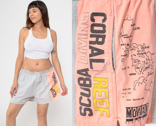 90s Morro Bay Swim Trunks Scuba Diving Philippines Map Coral Grey Cotton Extra Large XL