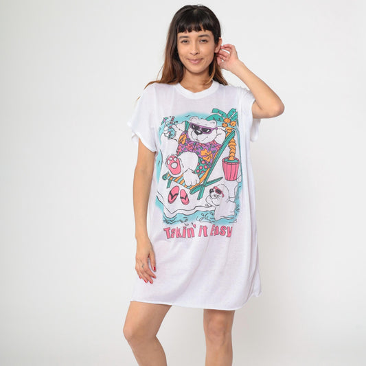80s Tropical Beach Graphic T-Shirt Dress Bear Seal White Burnout One Size
