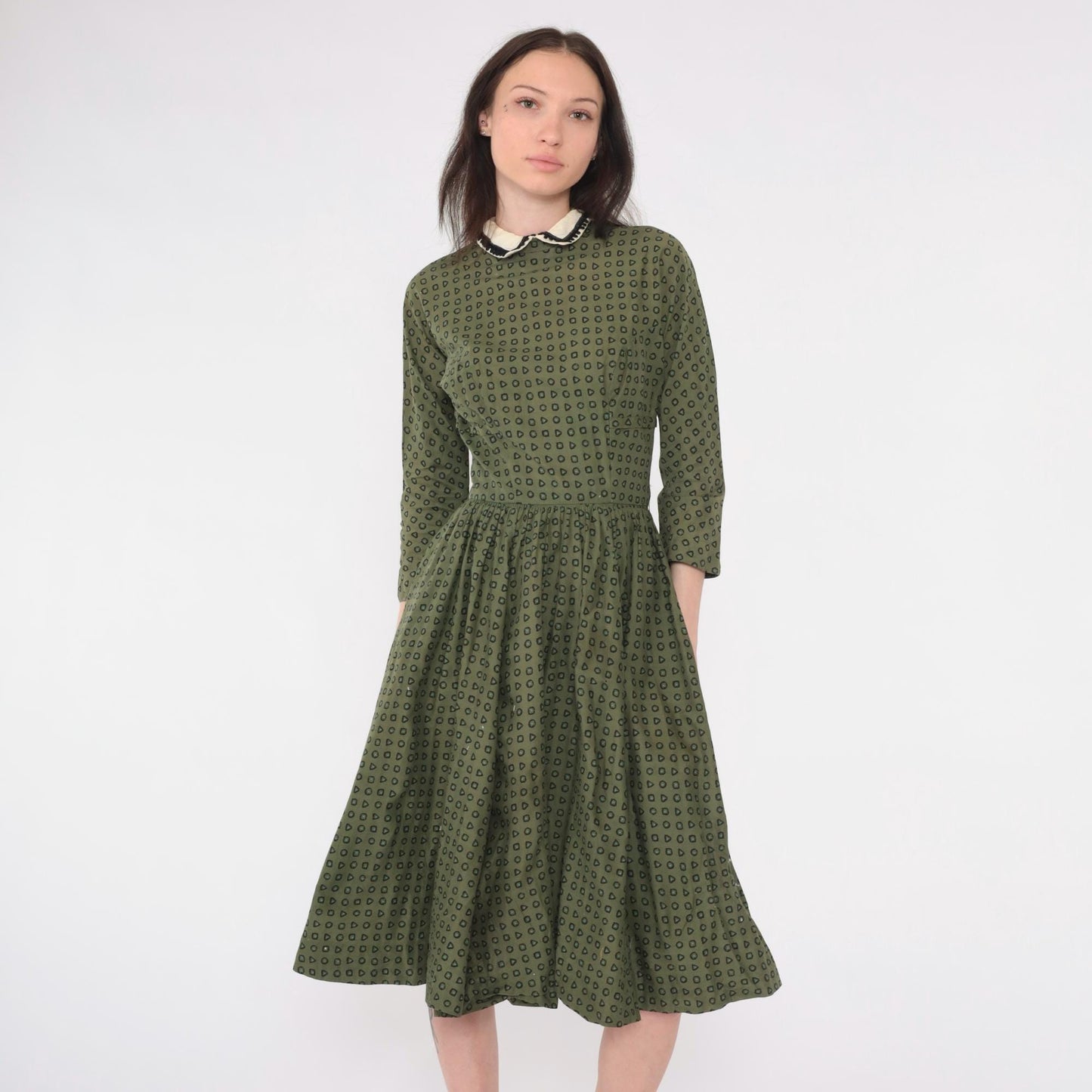 1950s L'Aiglon Fit Flare Dress Olive Green Geometric Peter Pan Collar Midi Extra Small