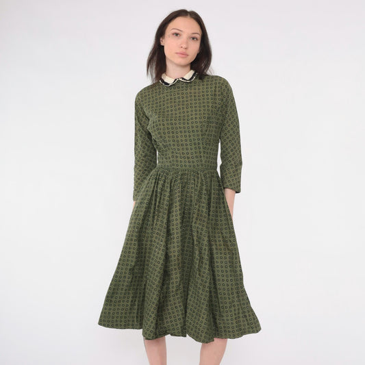1950s L'Aiglon Fit Flare Dress Olive Green Geometric Peter Pan Collar Midi Extra Small