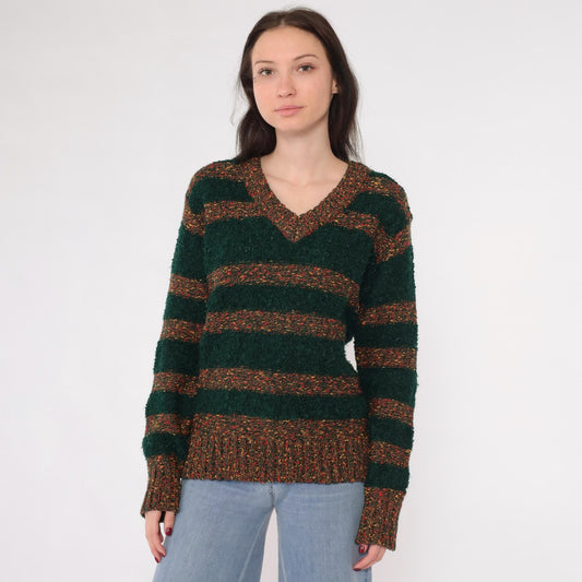 80s Left Bank Forest Green Striped Slub Knit Sweater V-Neck Medium M