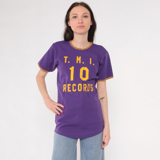 70s TMI Records Ringer Tee Purple Gold Applique Varsity Graphic Small S
