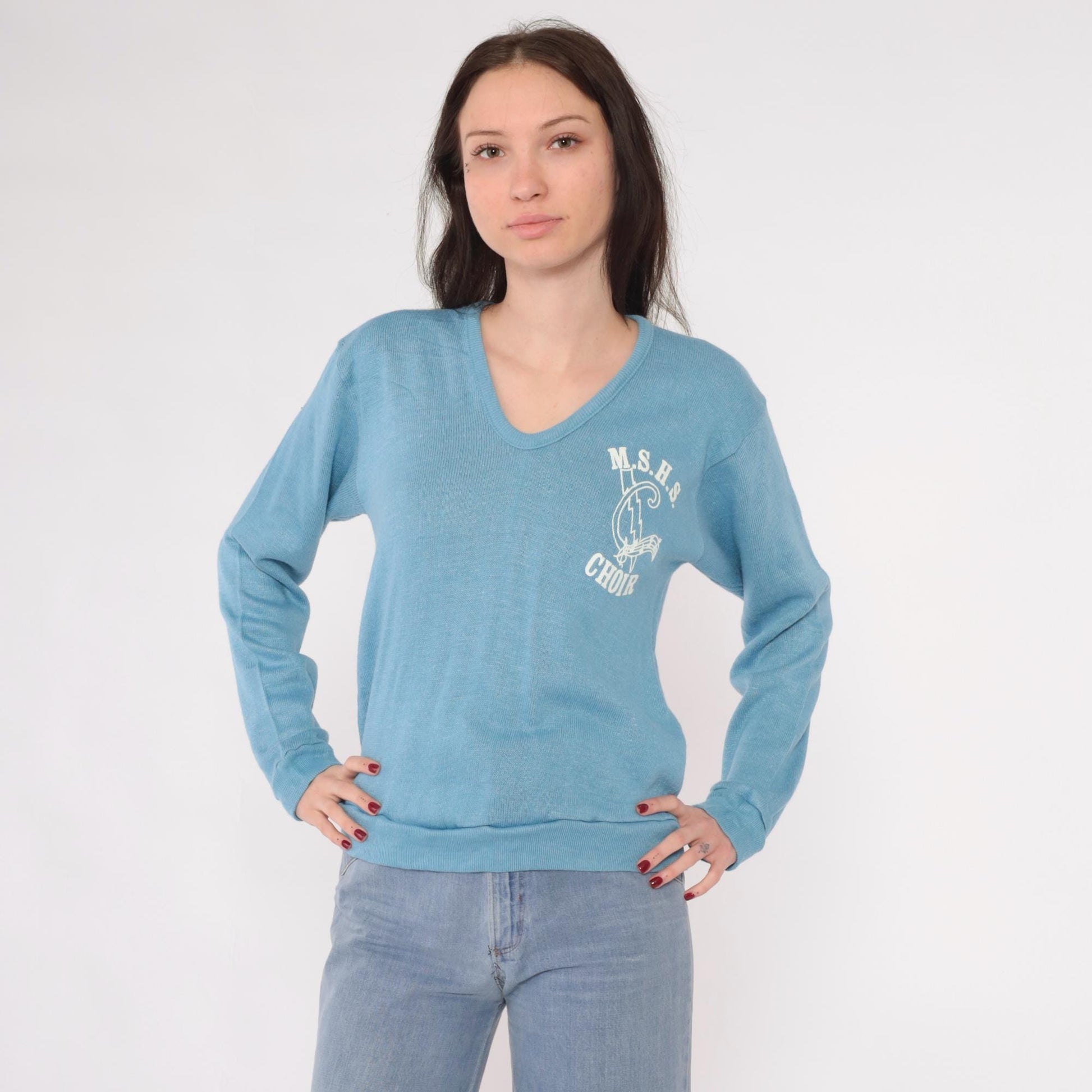80s MSHS Choir V-Neck Sweater Light Blue Graphic Knit Pullover Small