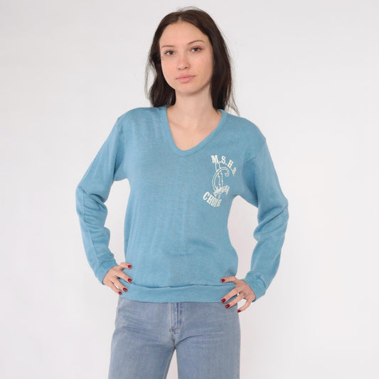 80s MSHS Choir V-Neck Sweater Light Blue Graphic Knit Pullover Small