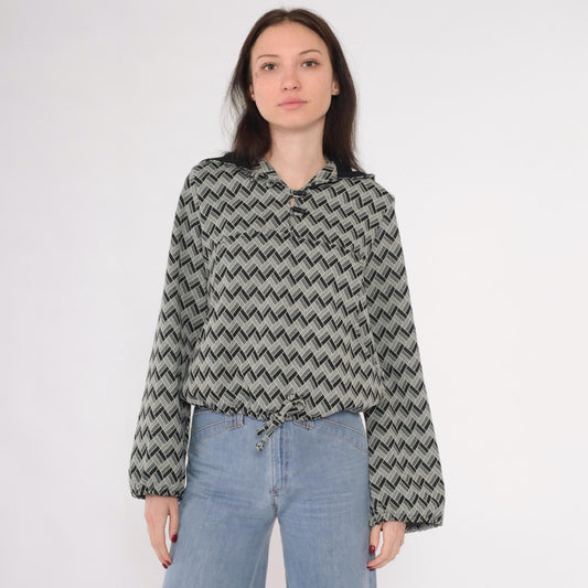 70s Geometric Print Hooded Pullover Grey Black Toggle Drawstring Medium