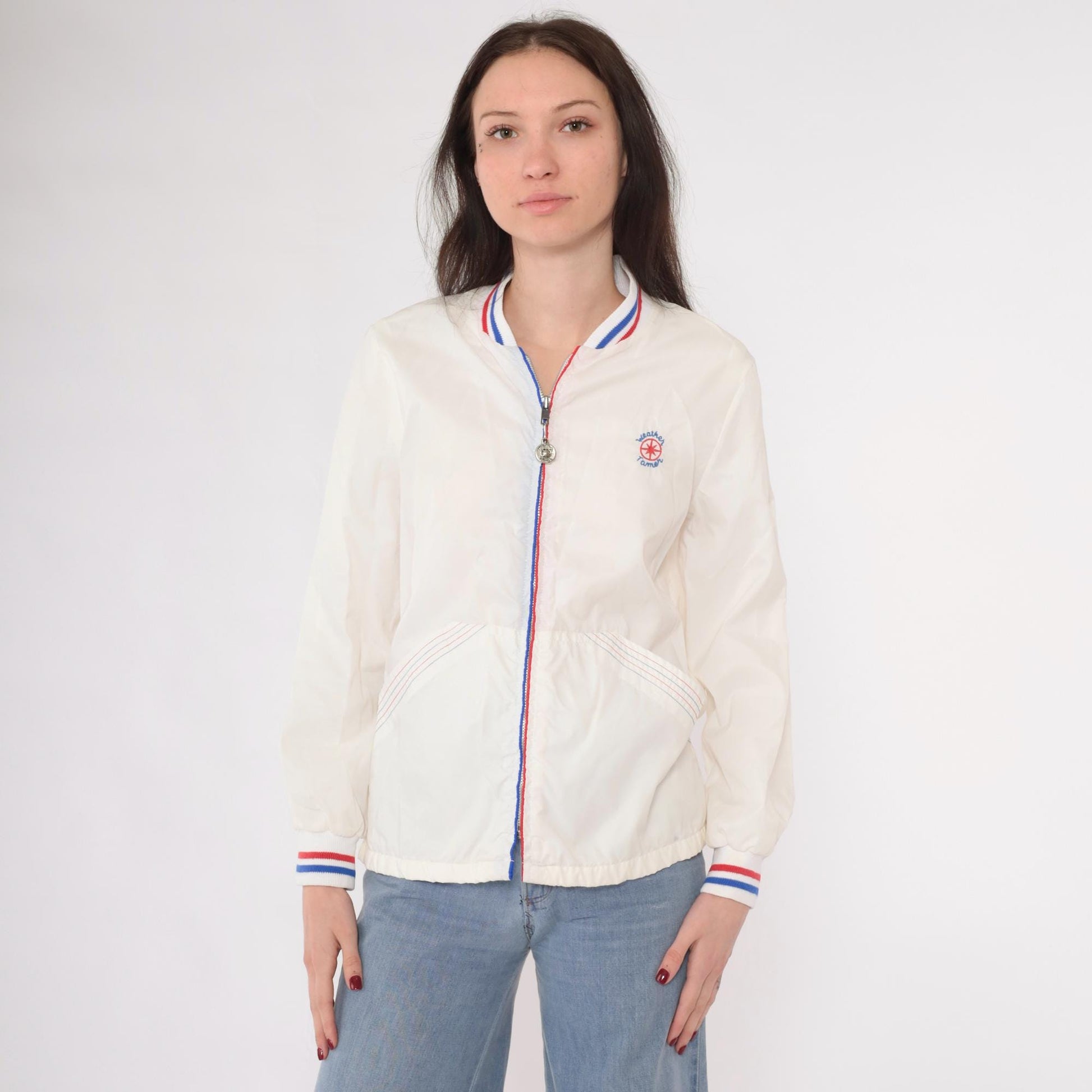 70s Weather Tamer Windbreaker Jacket White Striped Zip-Up Small S