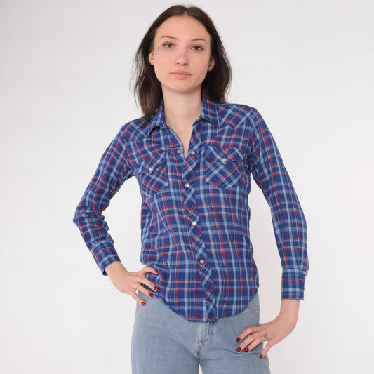 80s Royal Blue Red Plaid Western Shirt Pearl Snap Long Sleeve Extra Small XS