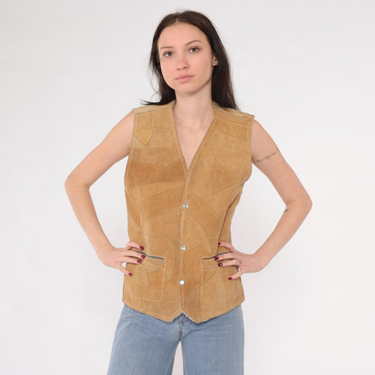 70s Tan Patchwork Suede Vest Sherpa Lined Snap Front Sleeveless Small