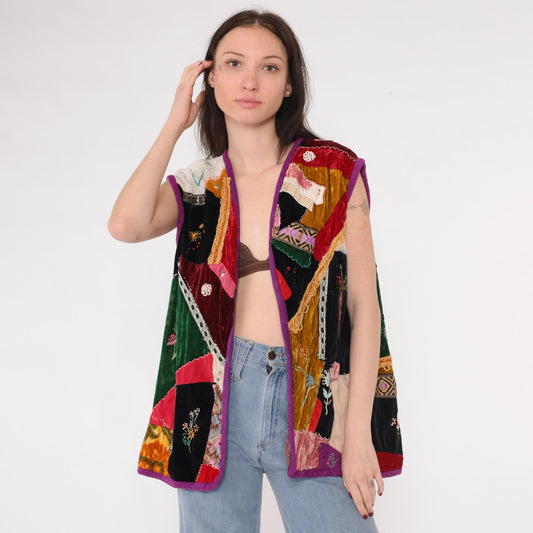 70s Velvet Patchwork Vest Embroidered Floral Bird Lace Trim Red Black Medium Large
