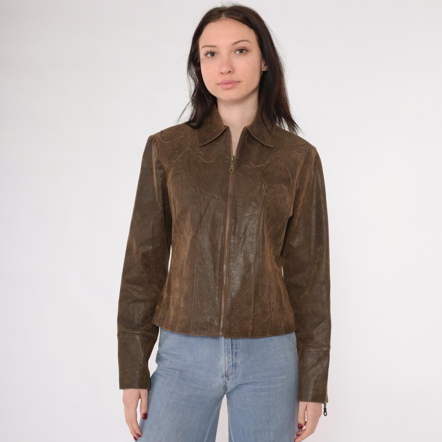 Y2K Brown Leather Moto Jacket Western Flame Applique Fitted Zip Small S