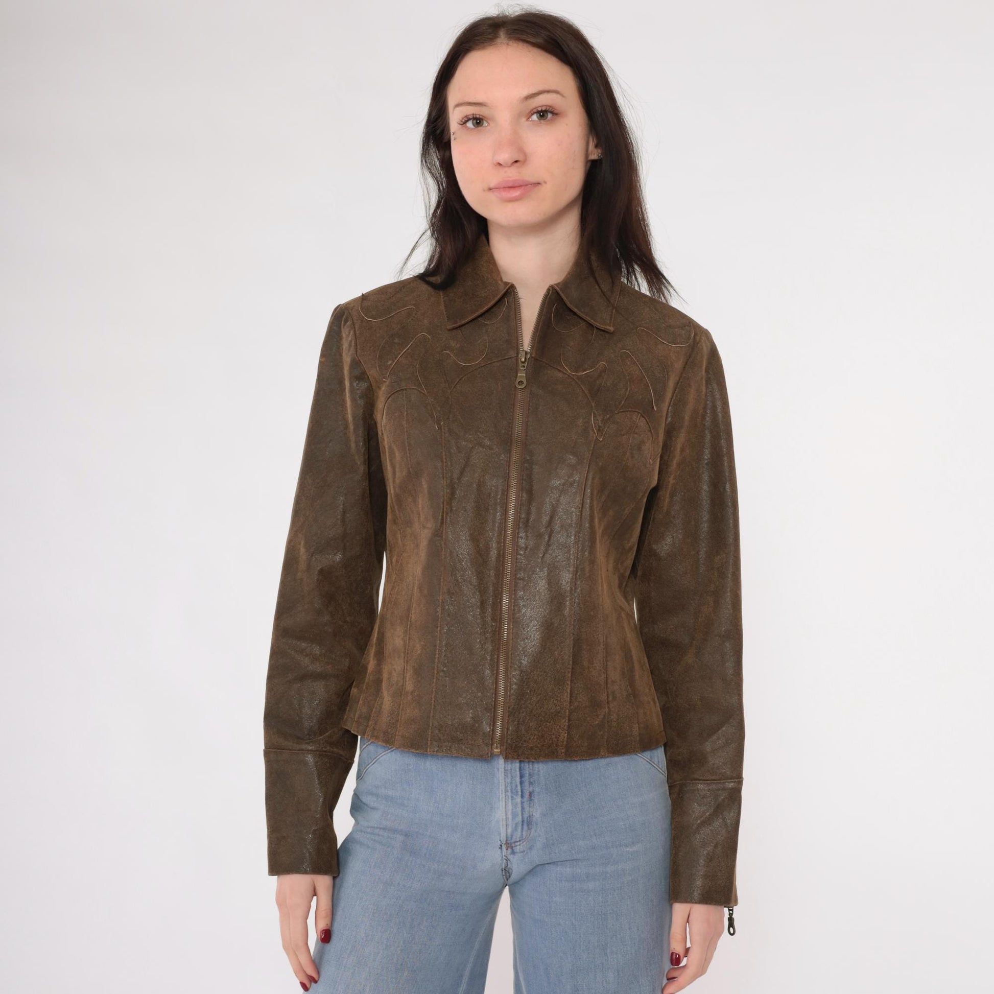 Y2K Brown Leather Moto Jacket Western Flame Applique Fitted Zip Small S