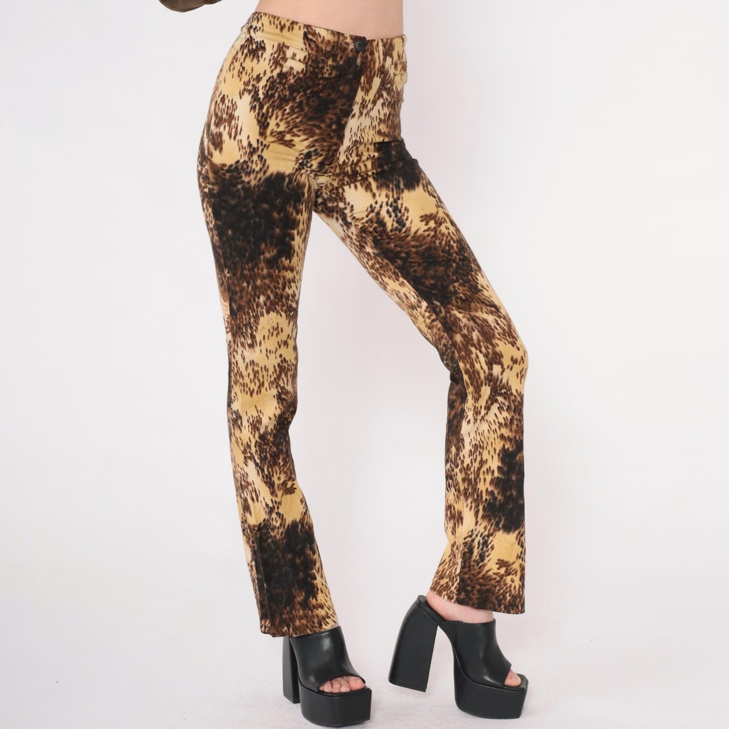 Y2K Cache Abstract Leopard Flared Pants High Rise Brown Yellow Small
