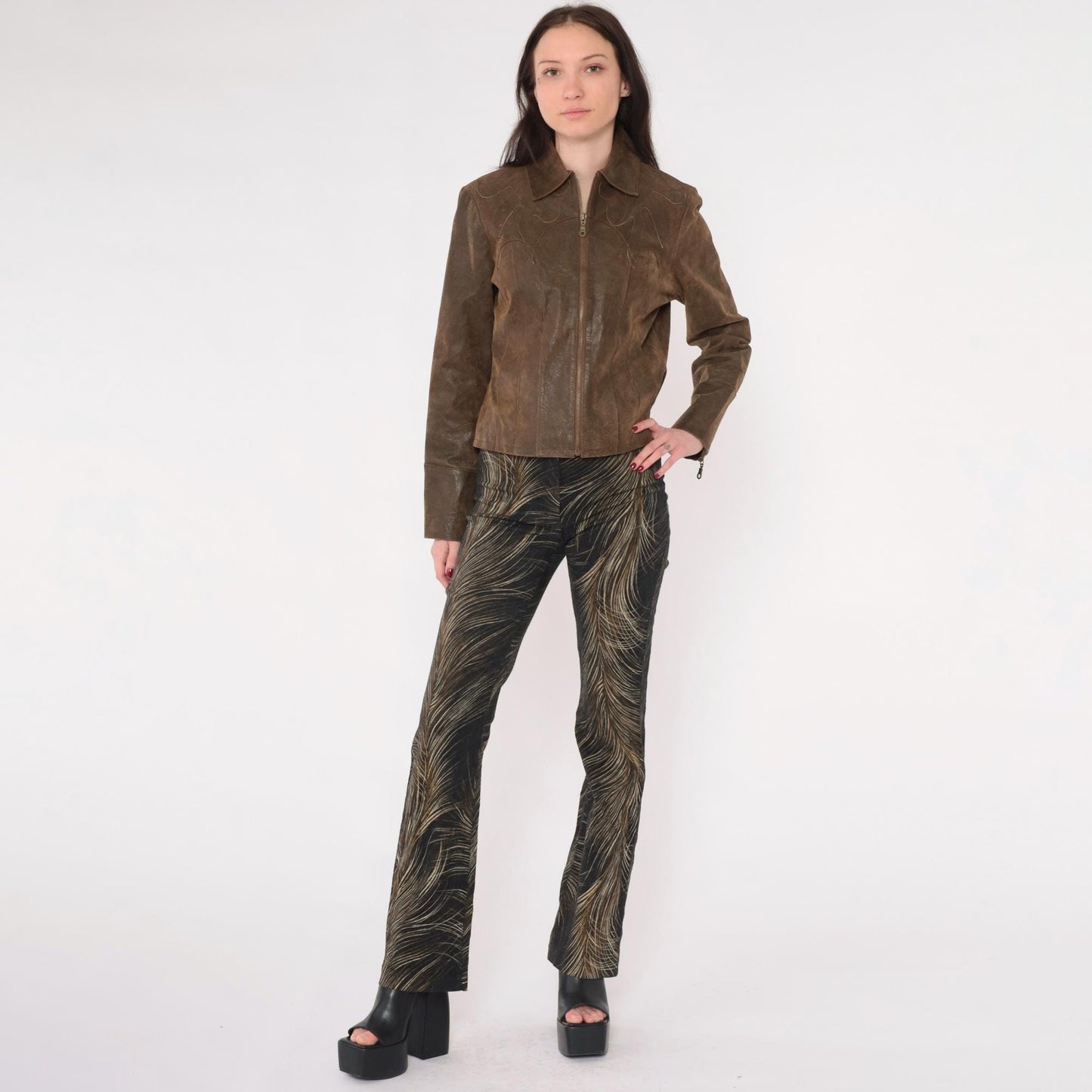 Y2K Cache Feather Print Flared Pants Brown Mid Rise Extra Small