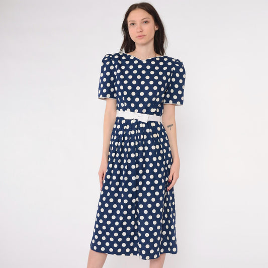 80s Lanz Originals Polka Dot Midi Dress Puff Sleeve Navy Bow Waist Extra Small