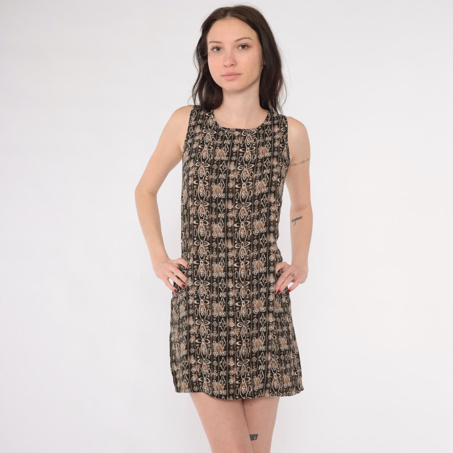 90s Geometric Mini Shift Dress Tan Brown Sleeveless Extra Small