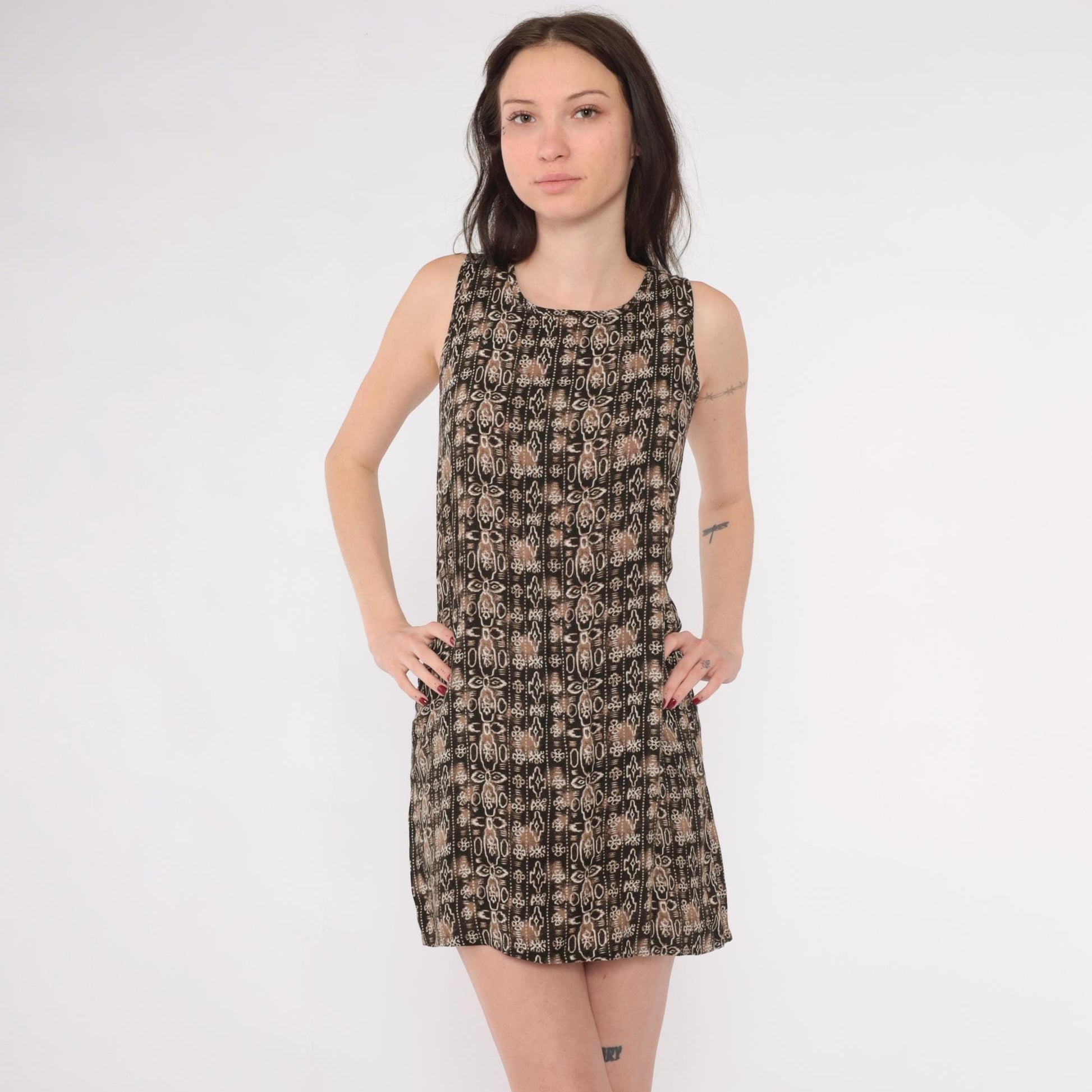 90s Geometric Mini Shift Dress Tan Brown Sleeveless Extra Small