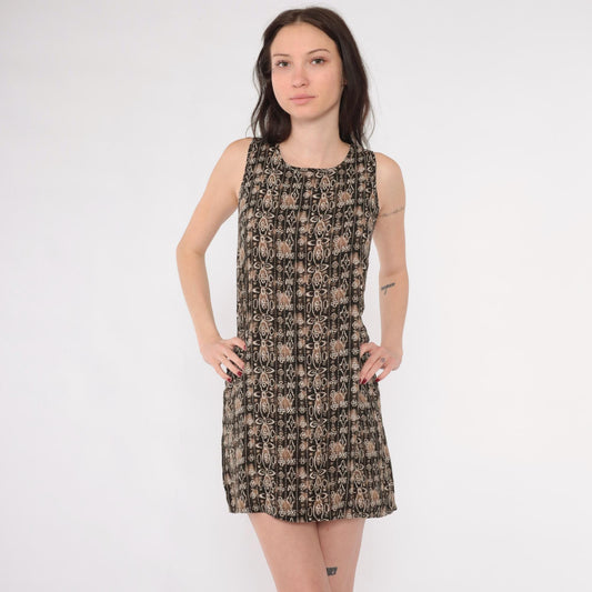 90s Geometric Mini Shift Dress Tan Brown Sleeveless Extra Small