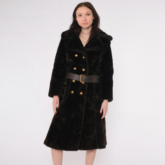70s Brown Faux Fur Coat Double Breasted with Belt Small S