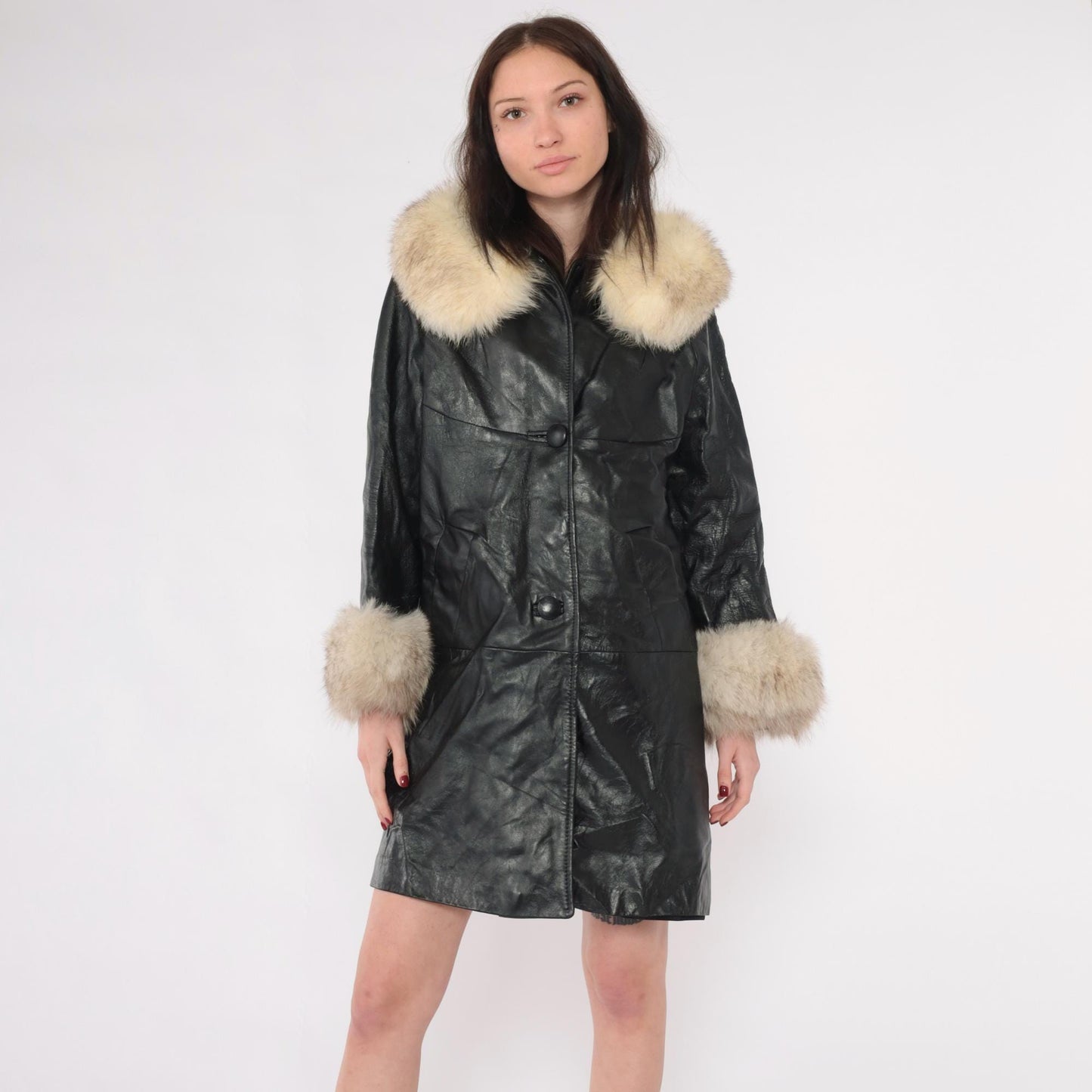 70s Black Leather Jacket Fur Collar Cuffs Button Front Medium