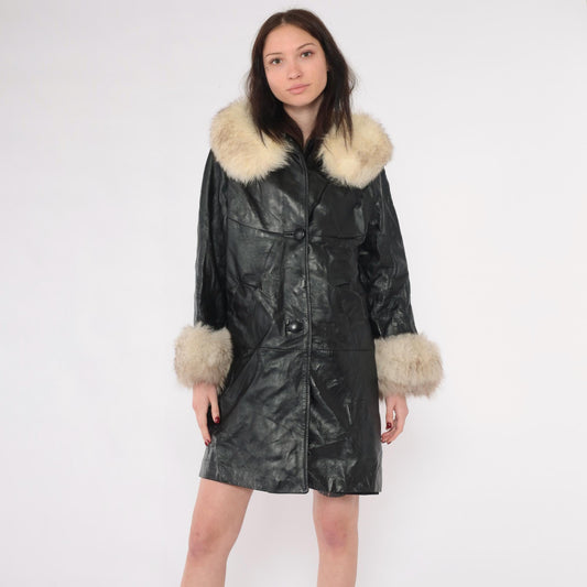 70s Black Leather Jacket Fur Collar Cuffs Button Front Medium
