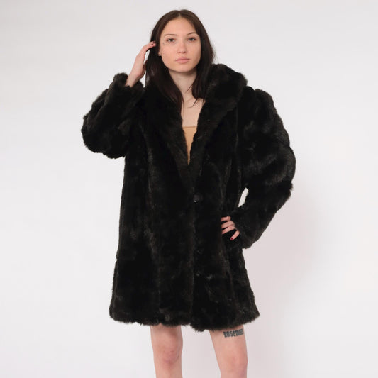 70s Dark Brown Faux Fur Coat Single Button Vintage Seventies Large L
