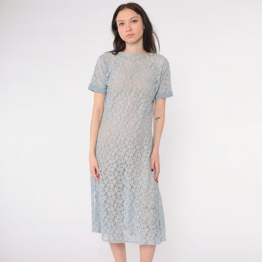 90s Blue Floral Lace Midi Dress Short Sleeve Shift Medium M