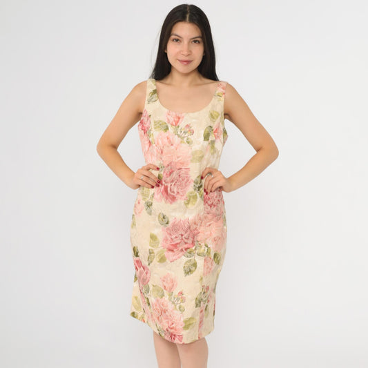 90s Newport News Floral Jacquard Sheath Dress Cream Pink Mini Small
