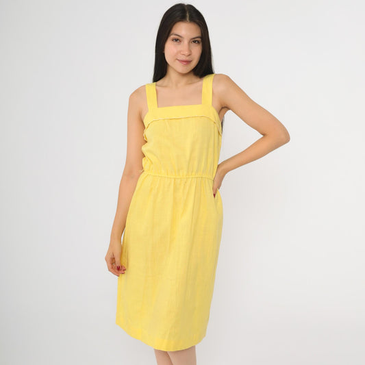80s Yellow Sleeveless Midi Dress High Waist Square Neck Small S