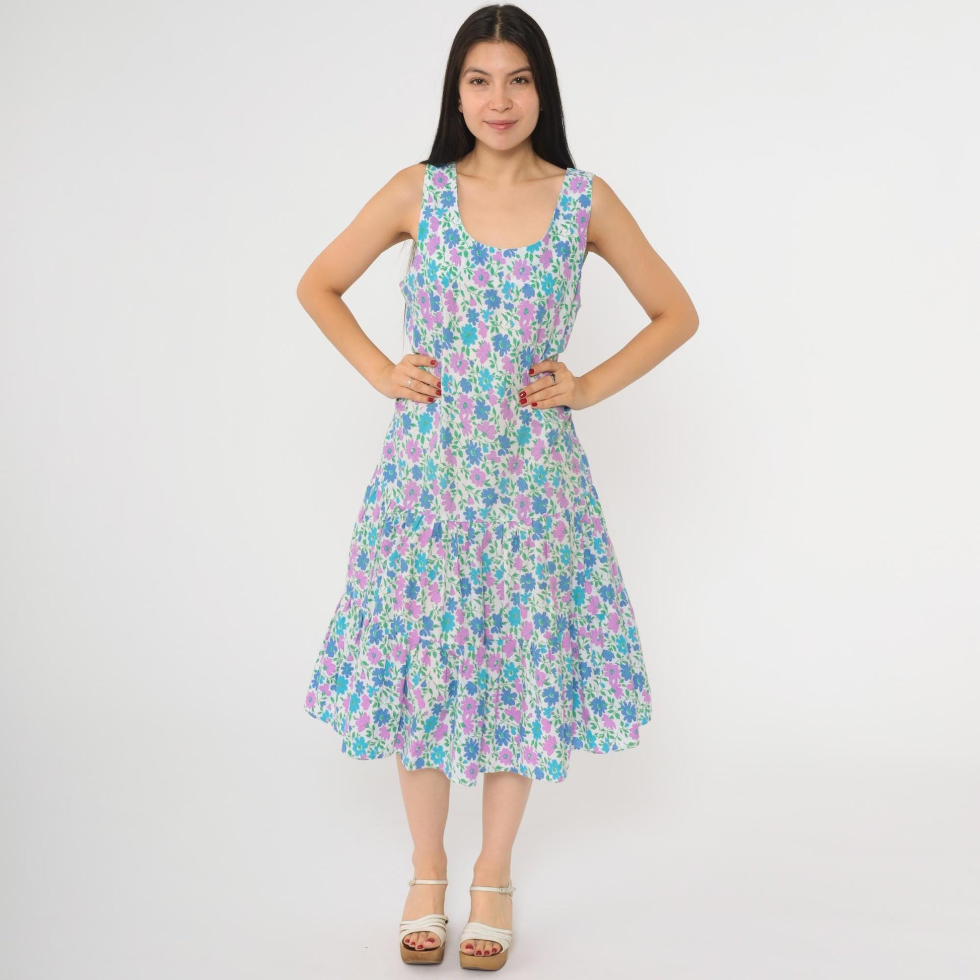 80s Floral Midi Dress White Blue Purple Tiered Drop Waist Sleeveless Medium