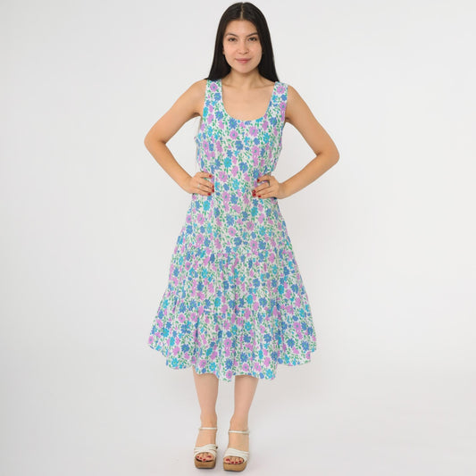 80s Floral Midi Dress White Blue Purple Tiered Drop Waist Sleeveless Medium