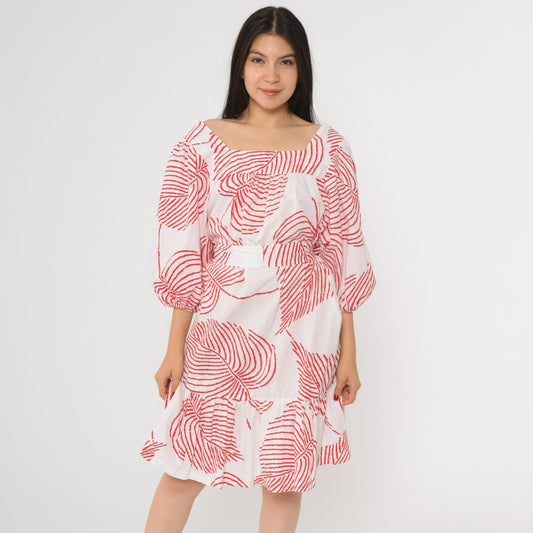 80s Periphery Loungewear Tropical Leaf Print Midi Dress Red White Large L