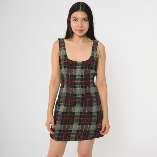 90s Plaid Sheath Dress Backless Grey Checkered Mini Sleeveless Small