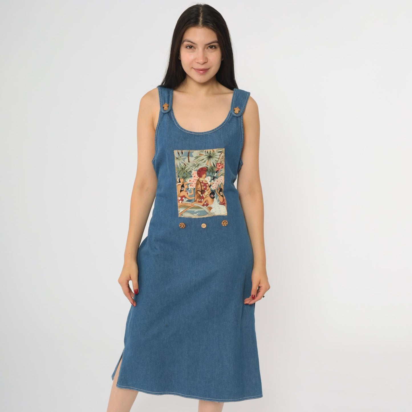 90s Hawaiian Denim Jumper Dress Tropical Print Midi Medium Petite