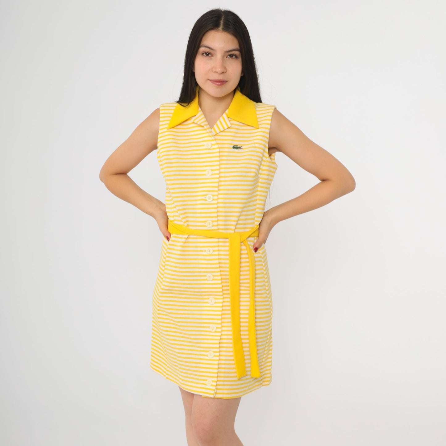 60s Chemise Lacoste Yellow Striped Shift Mini Dress Crocodile Logo Small
