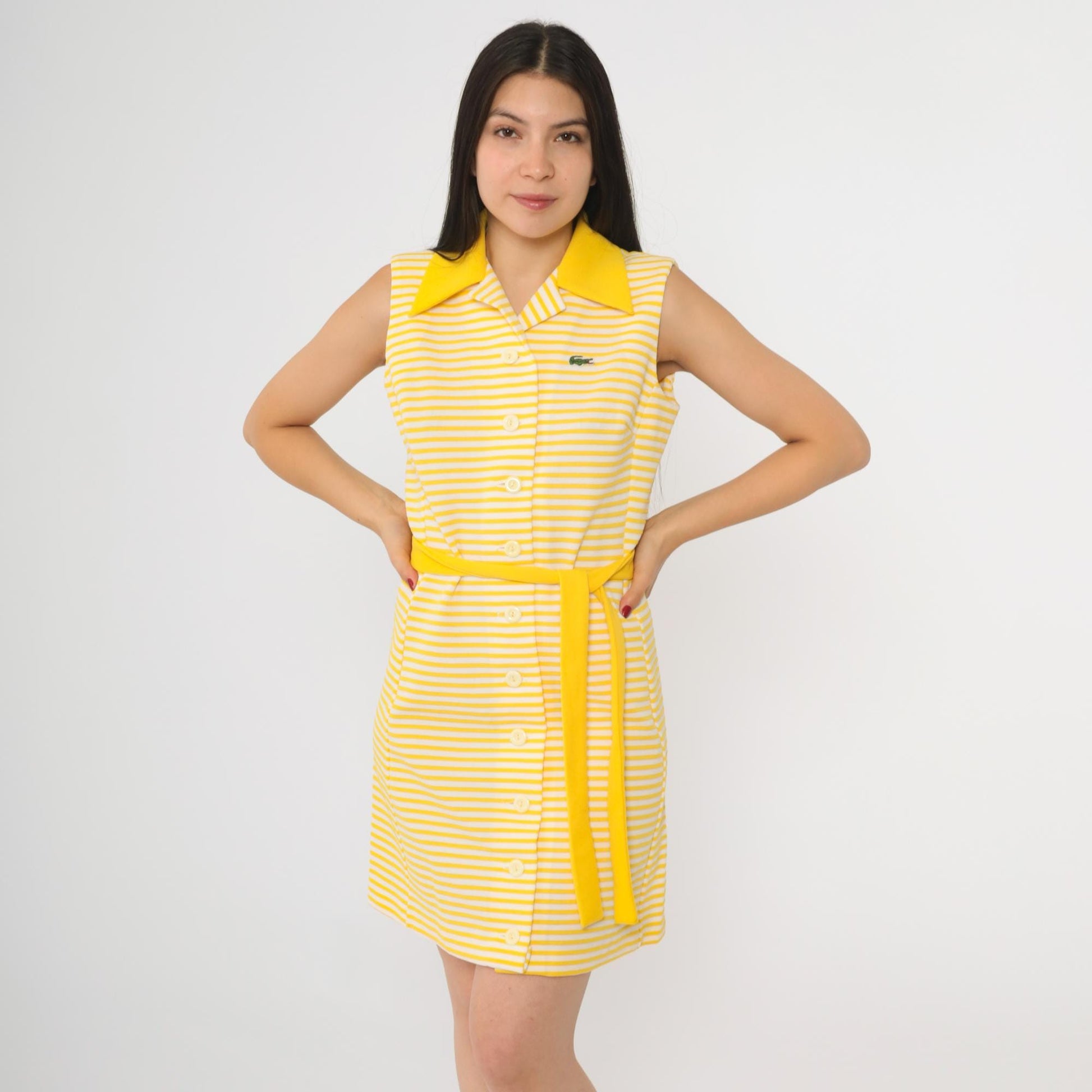 60s Chemise Lacoste Yellow Striped Shift Mini Dress Crocodile Logo Small