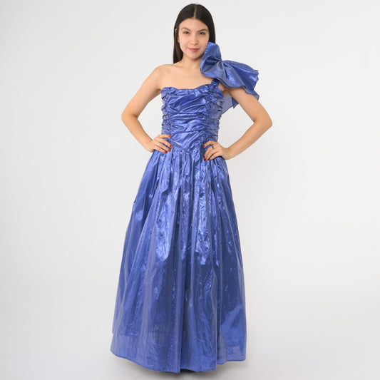 80s Gunne Sax Metallic Purple Taffeta One-Shoulder Ball Gown Maxi Extra Small