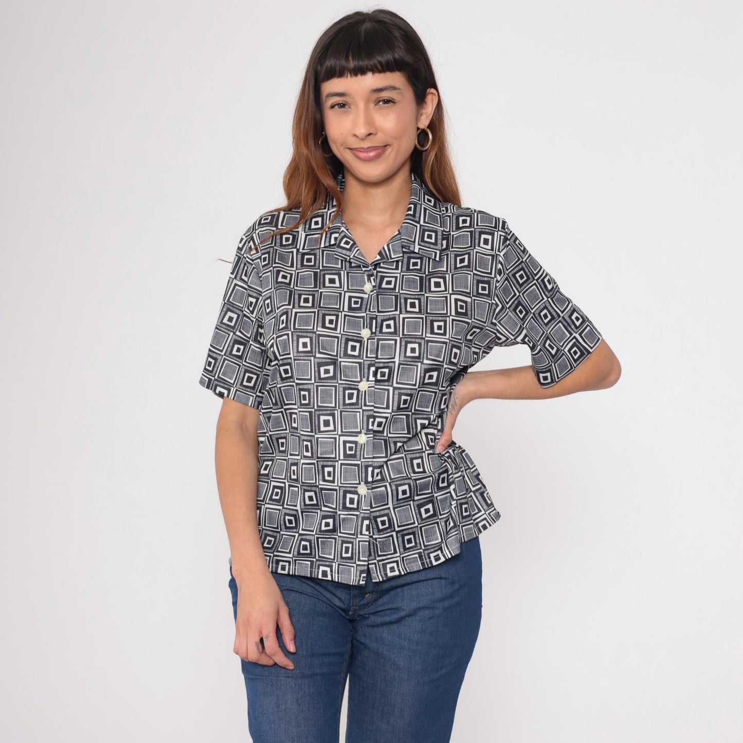 Y2K Geometric Op Art Button-Up Blouse Black White Square Print Large