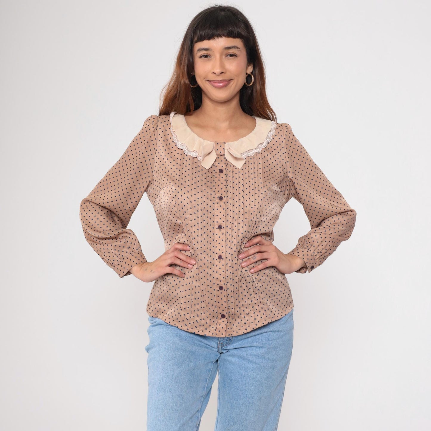 Y2K Beige Polka Dot Blouse Navy Ruffled Collar Lace Trim Button Up Large L
