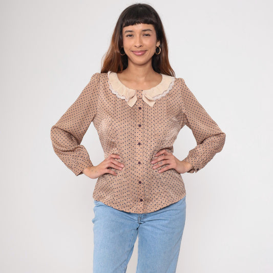 Y2K Beige Polka Dot Blouse Navy Ruffled Collar Lace Trim Button Up Large L