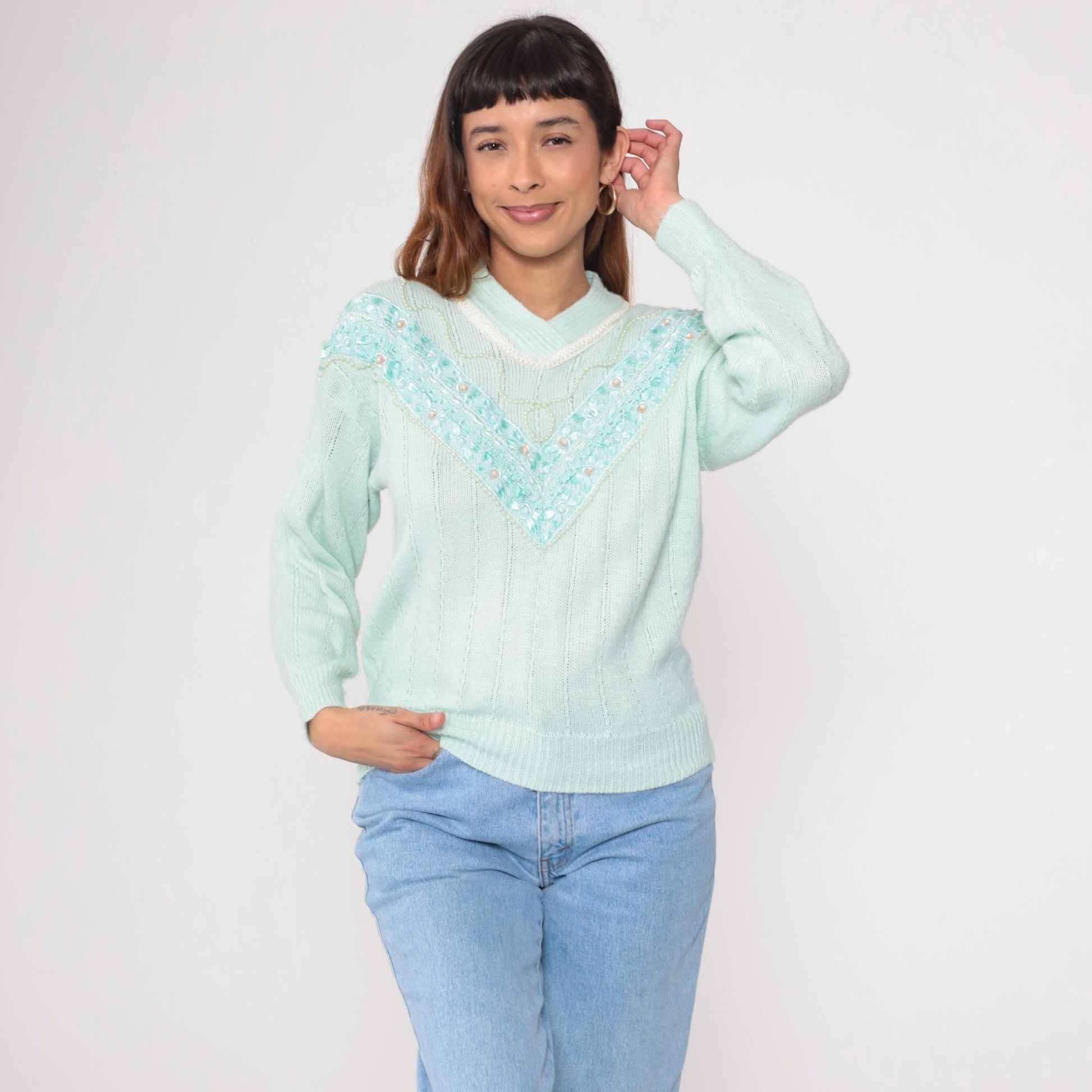 80s Seafoam Pearl Beaded Chevron Sweater Shawl Collar Knit Small
