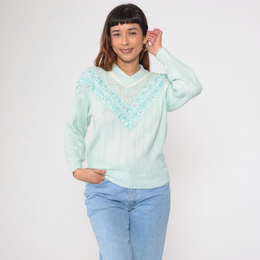 80s Seafoam Pearl Beaded Chevron Sweater Shawl Collar Knit Small