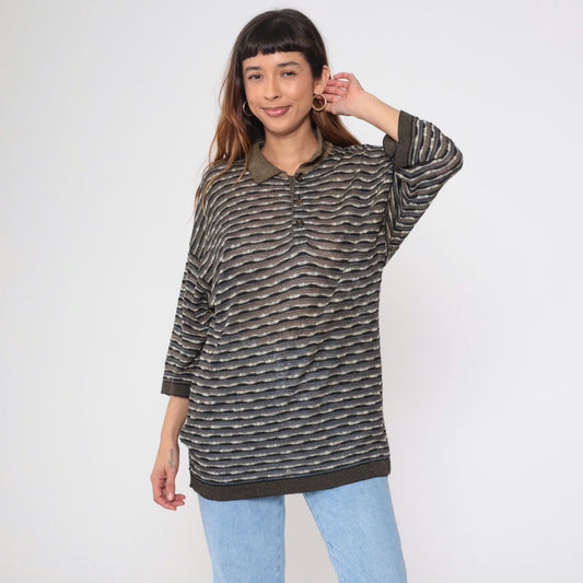 90s Mondo di Marco Striped Knit Polo Sweater Button Collar 3/4 Sleeve Large