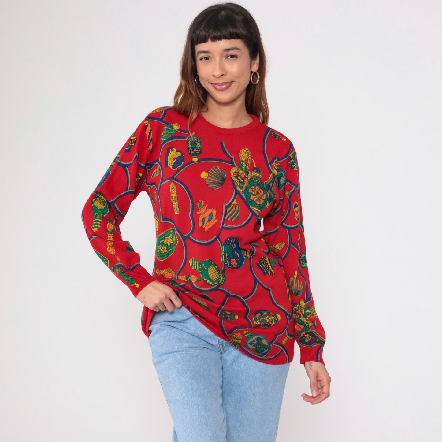 Y2K Red Wool Sweater Perfume Bottle Graphic Crewneck Medium M