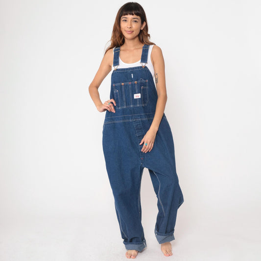90s Roundhouse Dark Indigo Denim Overalls Carpenter Workwear Men's XL